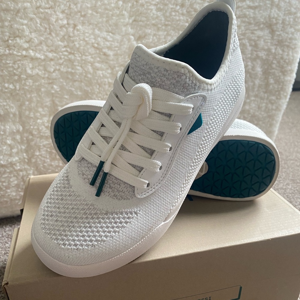 Vessi Off-White Knit Sneakers with Teal Soles